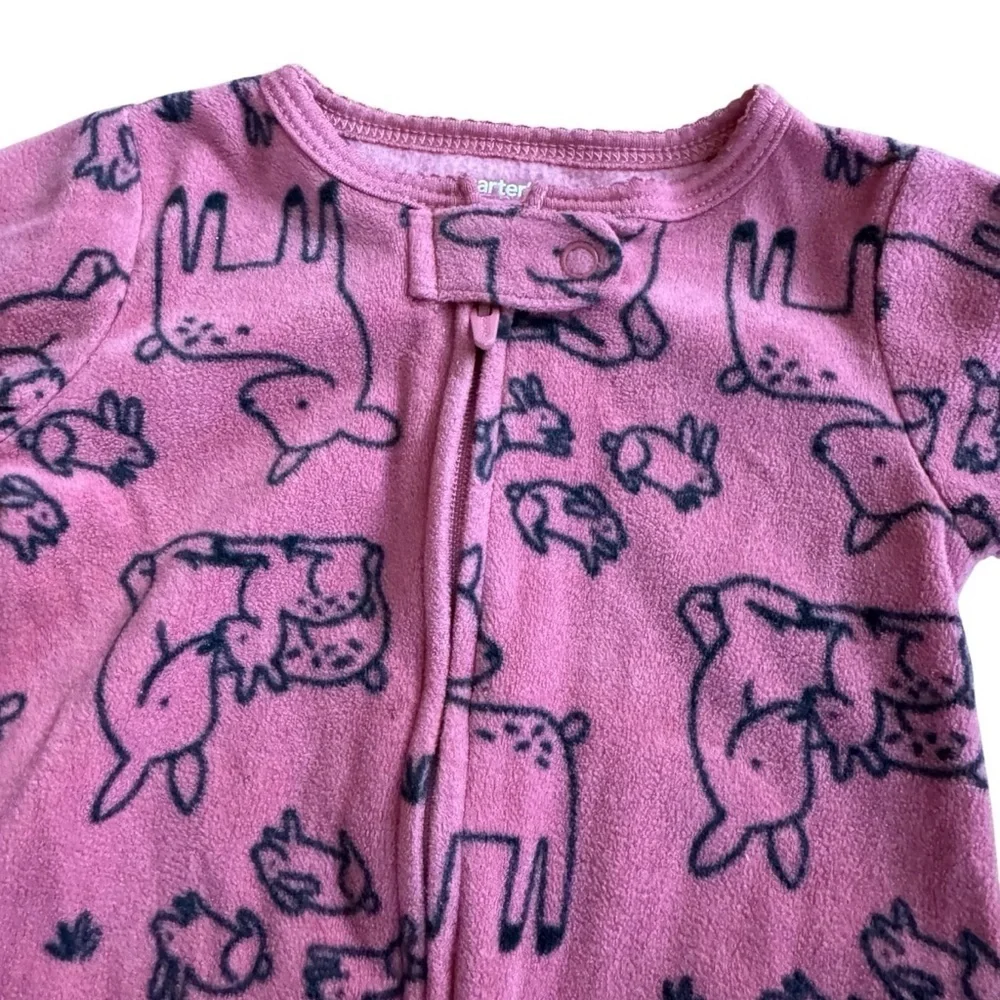 Carter’s Pink Fleece Pajama 2-way zip Forest Winter Animals Deer Baby Girl 9M